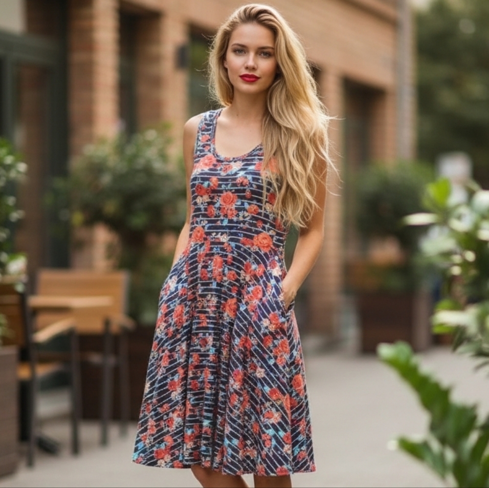 NWOT LuLaRoe Nicki Floral Striped Fit & Flare Dress with Pockets
